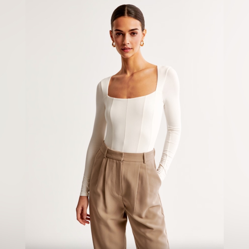 Abercrombie & Fitch Cream Long-sleeve Cotton-Modal Squareneck Corset Bodysuit